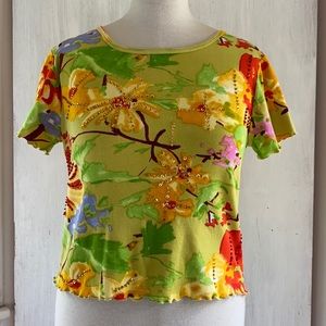 TAKE TWO Beaded Tropical Print Cotton Top
